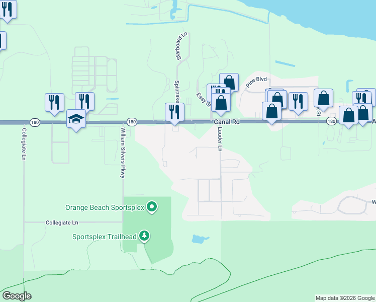 map of restaurants, bars, coffee shops, grocery stores, and more near 24393 Lauder Place in Orange Beach