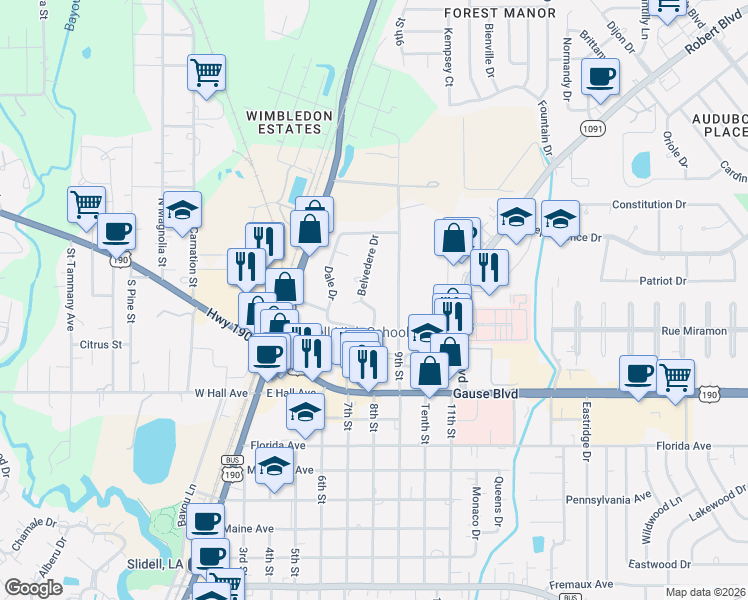 map of restaurants, bars, coffee shops, grocery stores, and more near 1066 Belvedere Drive in Slidell