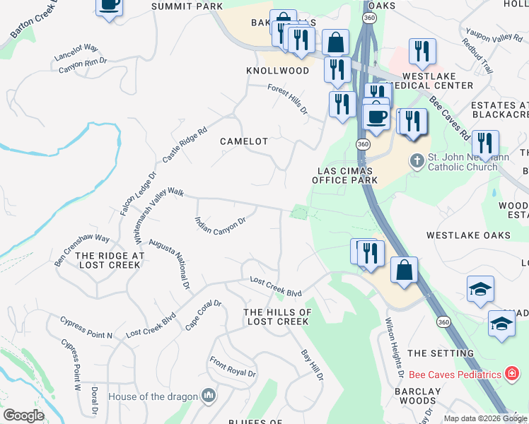 map of restaurants, bars, coffee shops, grocery stores, and more near 6203 Indian Canyon Drive in Austin