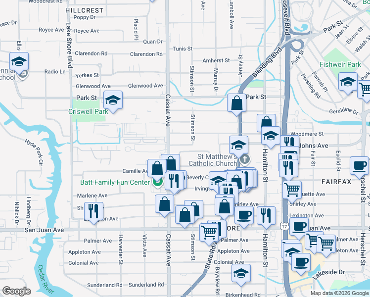 map of restaurants, bars, coffee shops, grocery stores, and more near 4819 Sefa Circle North in Jacksonville