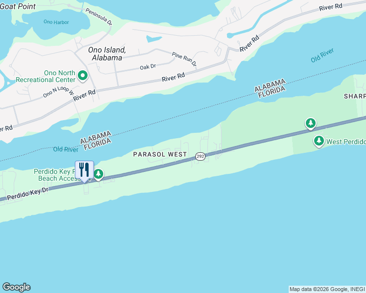 map of restaurants, bars, coffee shops, grocery stores, and more near 16300 Perdido Key Drive in Pensacola