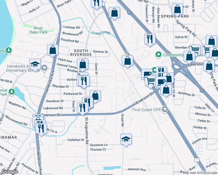 map of restaurants, bars, coffee shops, grocery stores, and more near 2172 Sheridan Lane in Jacksonville