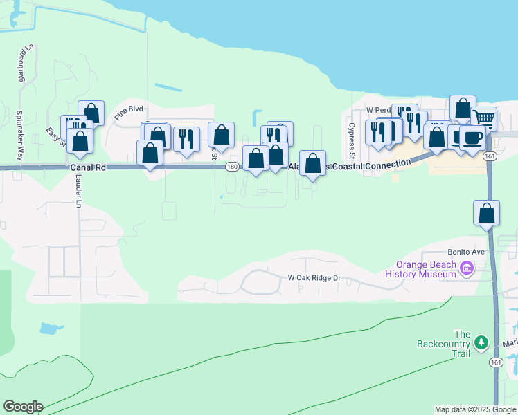 map of restaurants, bars, coffee shops, grocery stores, and more near 25038 Canal Road in Orange Beach