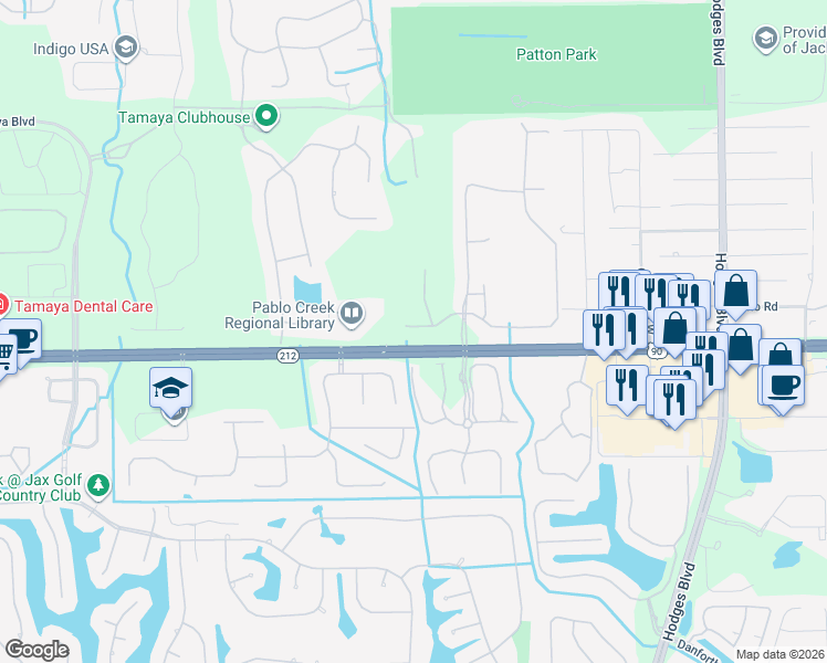 map of restaurants, bars, coffee shops, grocery stores, and more near 3501 Pebble Path Lane in Jacksonville