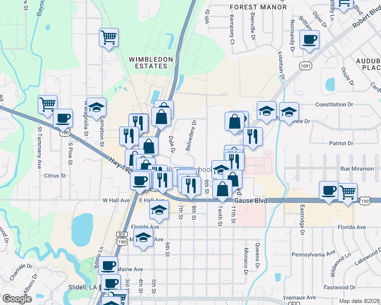 map of restaurants, bars, coffee shops, grocery stores, and more near 1066 Belvedere Drive in Slidell