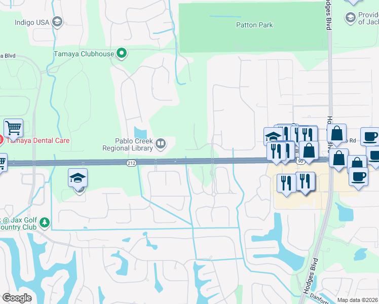 map of restaurants, bars, coffee shops, grocery stores, and more near 3501 Pebble Path Lane in Jacksonville