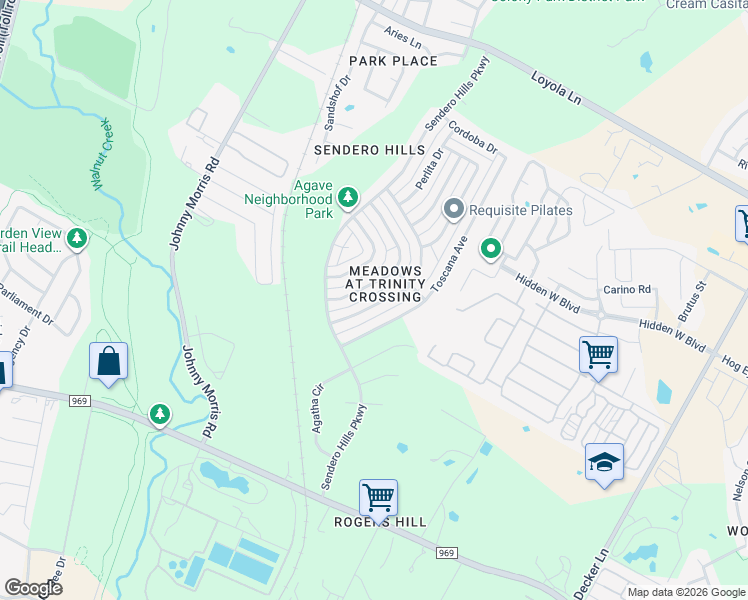 map of restaurants, bars, coffee shops, grocery stores, and more near 5665 Pinon Vista Drive in Austin