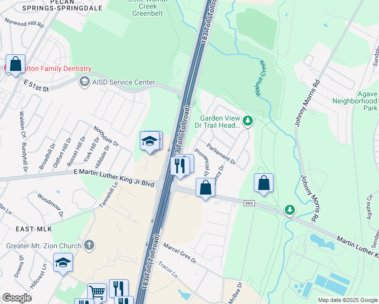 map of restaurants, bars, coffee shops, grocery stores, and more near 5200 King Charles Drive in Austin