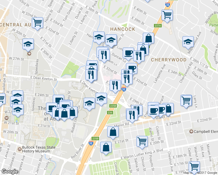 map of restaurants, bars, coffee shops, grocery stores, and more near 2800 Swisher Street in Austin