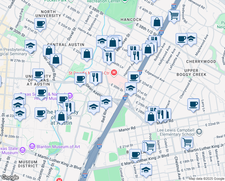 map of restaurants, bars, coffee shops, grocery stores, and more near 2800 Swisher Street in Austin