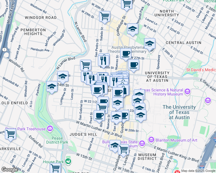 map of restaurants, bars, coffee shops, grocery stores, and more near 620 1/2 West 24th Street in Austin