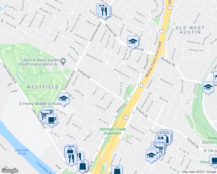 map of restaurants, bars, coffee shops, grocery stores, and more near 2210 Enfield Road in Austin