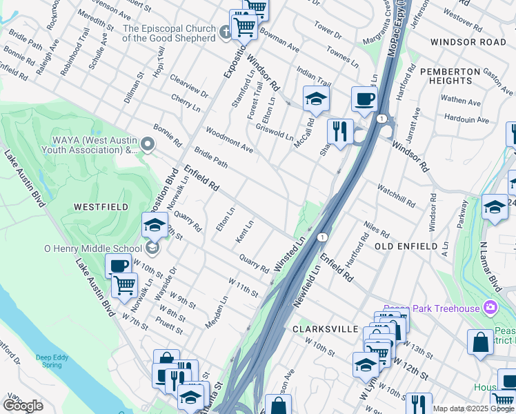 map of restaurants, bars, coffee shops, grocery stores, and more near 2210 Enfield Road in Austin