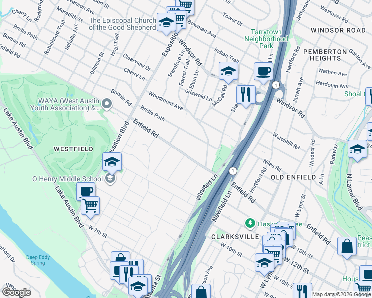 map of restaurants, bars, coffee shops, grocery stores, and more near 2210 Enfield Road in Austin