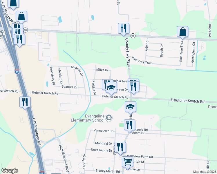 map of restaurants, bars, coffee shops, grocery stores, and more near 200 Essen Drive in Lafayette