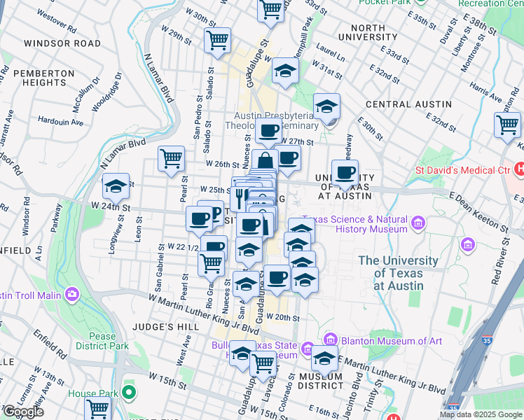 map of restaurants, bars, coffee shops, grocery stores, and more near 2414 Guadalupe Street in Austin