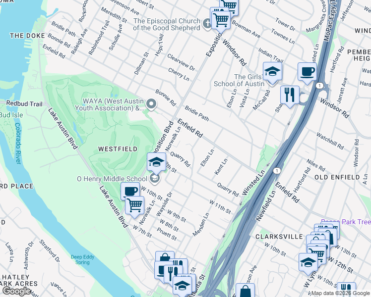 map of restaurants, bars, coffee shops, grocery stores, and more near 2505 Inwood Place in Austin