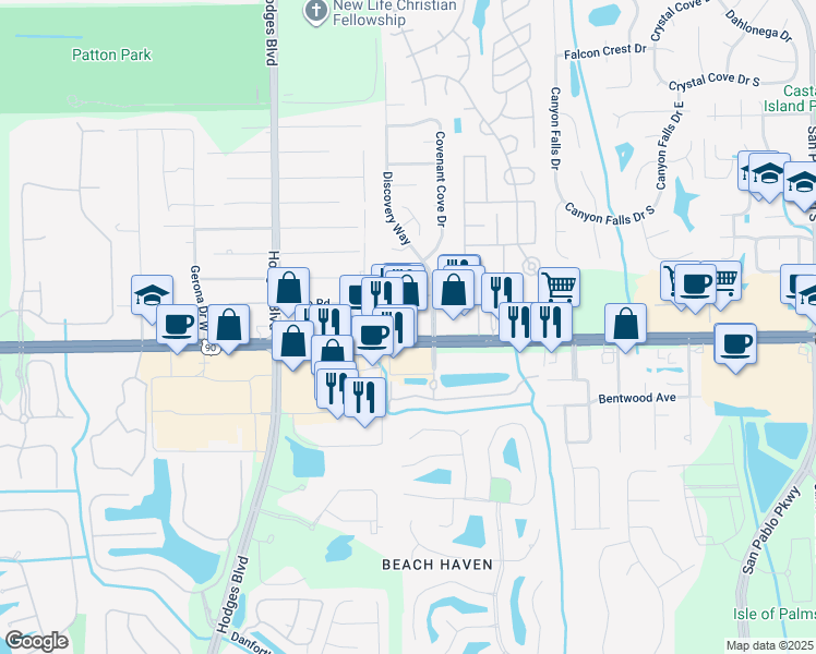 map of restaurants, bars, coffee shops, grocery stores, and more near 13799 Beach Boulevard in Jacksonville