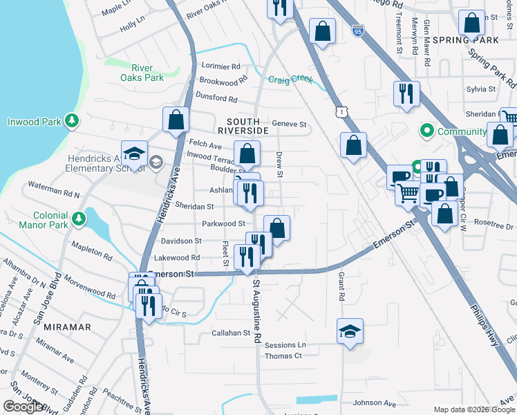 map of restaurants, bars, coffee shops, grocery stores, and more near 3545 Saint Augustine Road in Jacksonville