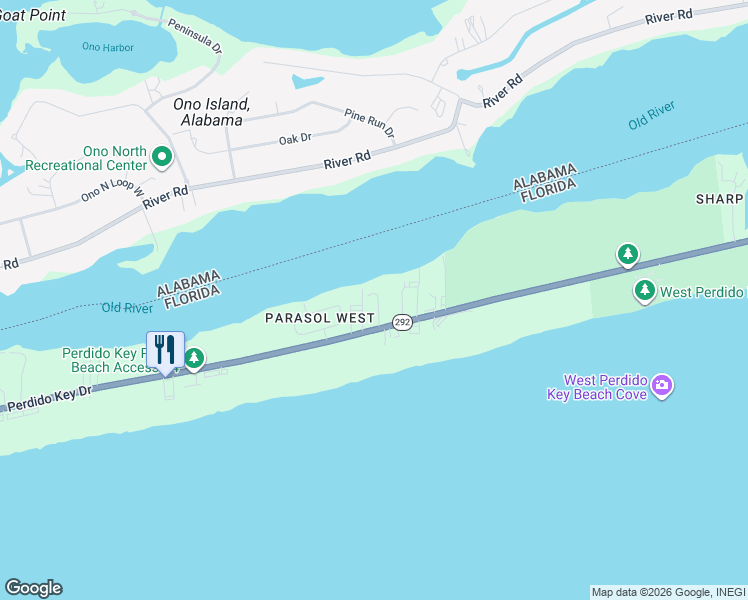 map of restaurants, bars, coffee shops, grocery stores, and more near 16300 Perdido Key Drive in Pensacola
