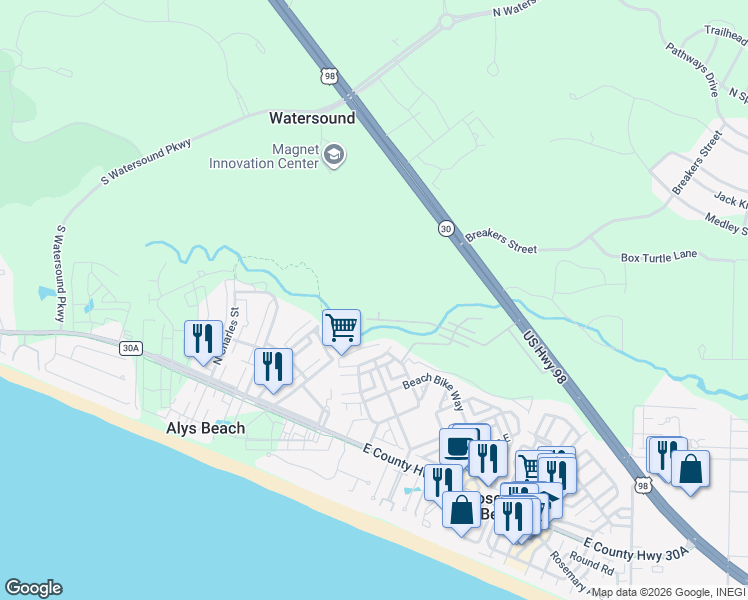 map of restaurants, bars, coffee shops, grocery stores, and more near 402 Redbud Lane in Rosemary Beach