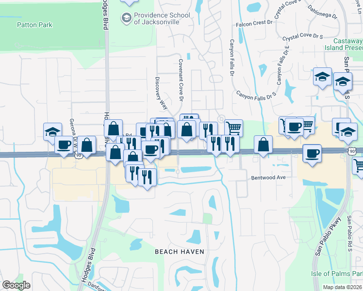 map of restaurants, bars, coffee shops, grocery stores, and more near 13905 Beach Boulevard in Jacksonville
