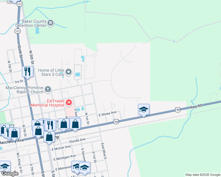 map of restaurants, bars, coffee shops, grocery stores, and more near 430 Islamorada Drive South in Macclenny