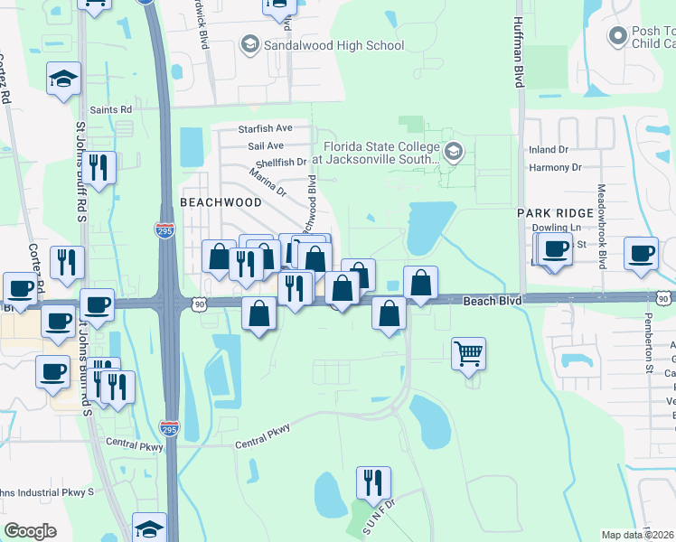 map of restaurants, bars, coffee shops, grocery stores, and more near 11770 Surfwood Avenue in Jacksonville