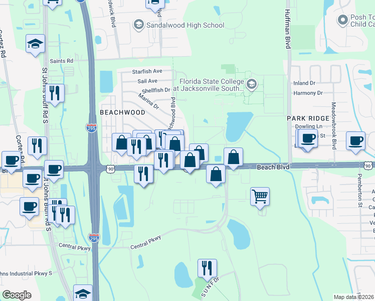 map of restaurants, bars, coffee shops, grocery stores, and more near 11770 Surfwood Avenue in Jacksonville