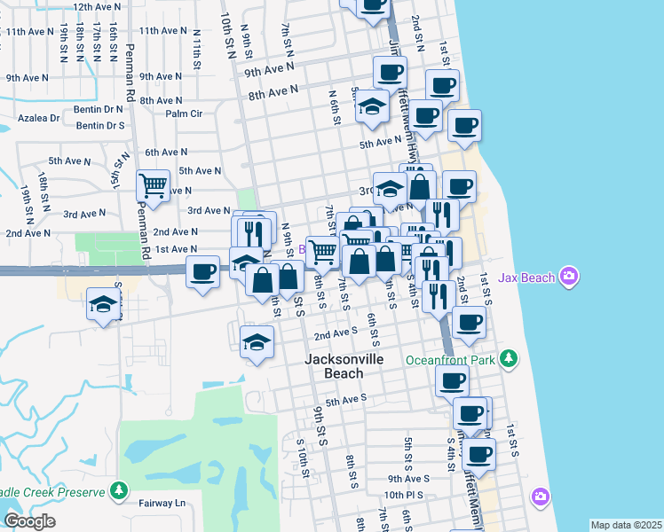 map of restaurants, bars, coffee shops, grocery stores, and more near 632 Beach Boulevard in Jacksonville Beach