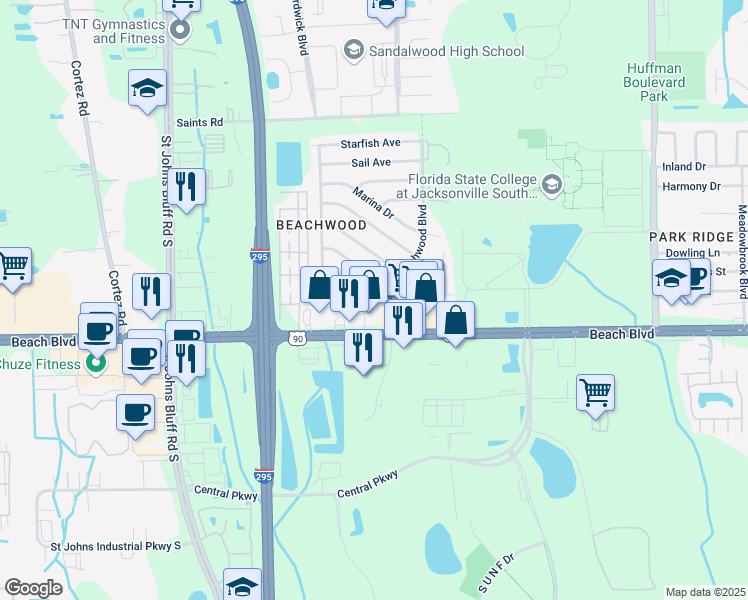 map of restaurants, bars, coffee shops, grocery stores, and more near 11643 Beach Boulevard in Jacksonville