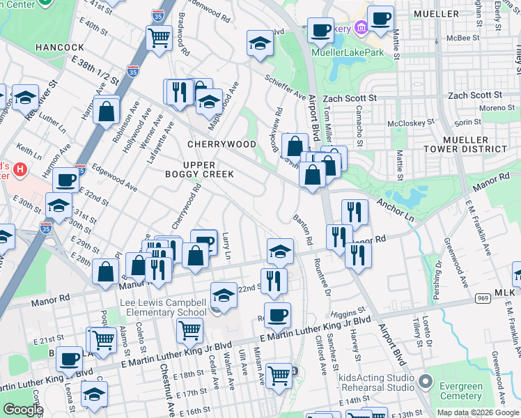 map of restaurants, bars, coffee shops, grocery stores, and more near 3500 Vineland Drive in Austin