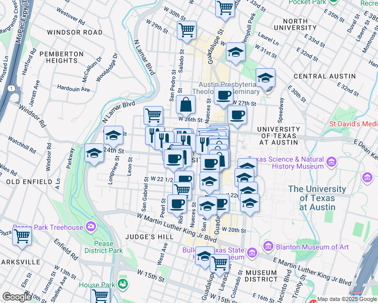 map of restaurants, bars, coffee shops, grocery stores, and more near 620 1/2 West 24th Street in Austin