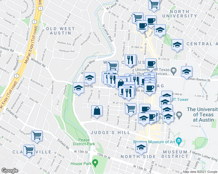 map of restaurants, bars, coffee shops, grocery stores, and more near 909 West 24th Street in Austin