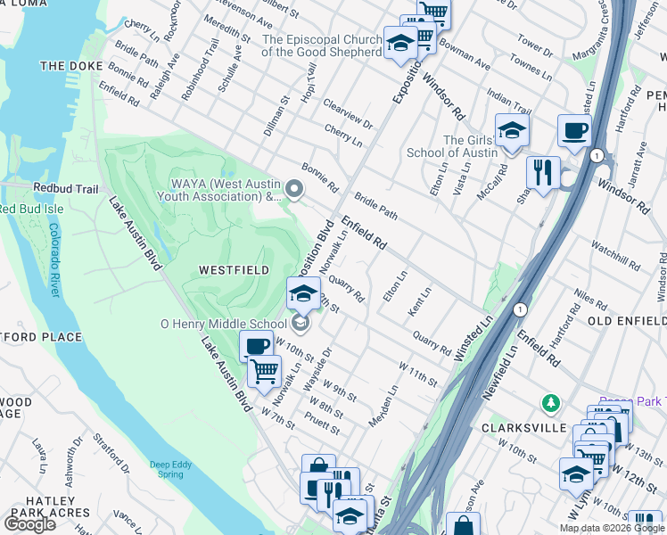 map of restaurants, bars, coffee shops, grocery stores, and more near 2508 Quarry Road in Austin