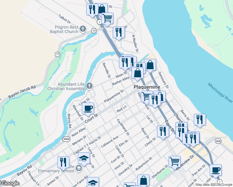 map of restaurants, bars, coffee shops, grocery stores, and more near 58159 Plaquemine Street in Plaquemine
