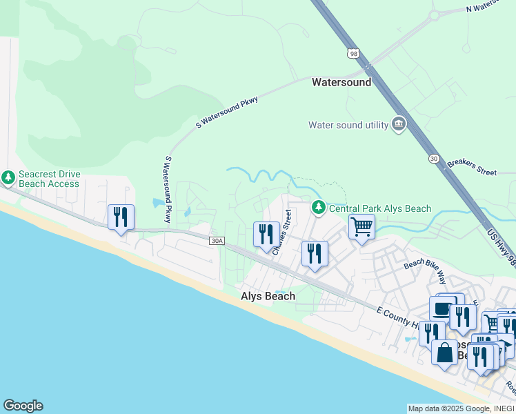 map of restaurants, bars, coffee shops, grocery stores, and more near 121 Charles Street in Rosemary Beach
