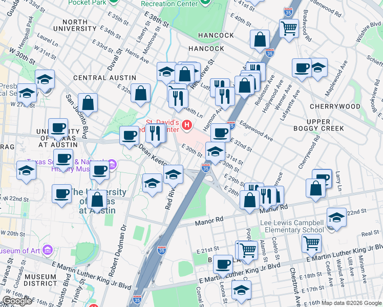 map of restaurants, bars, coffee shops, grocery stores, and more near 2908 Cole Street in Austin