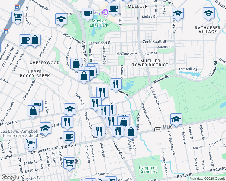 map of restaurants, bars, coffee shops, grocery stores, and more near 3713 Manorwood Road in Austin