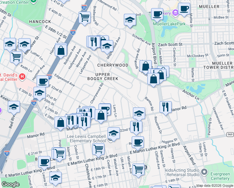 map of restaurants, bars, coffee shops, grocery stores, and more near 3405 Larry Lane in Austin