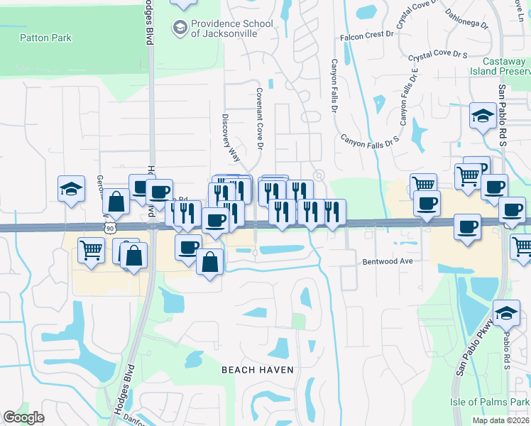 map of restaurants, bars, coffee shops, grocery stores, and more near 13905-13927 Beach Boulevard in Jacksonville