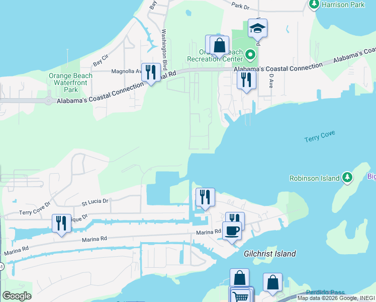 map of restaurants, bars, coffee shops, grocery stores, and more near 4145 Harbor Rd in Orange Beach