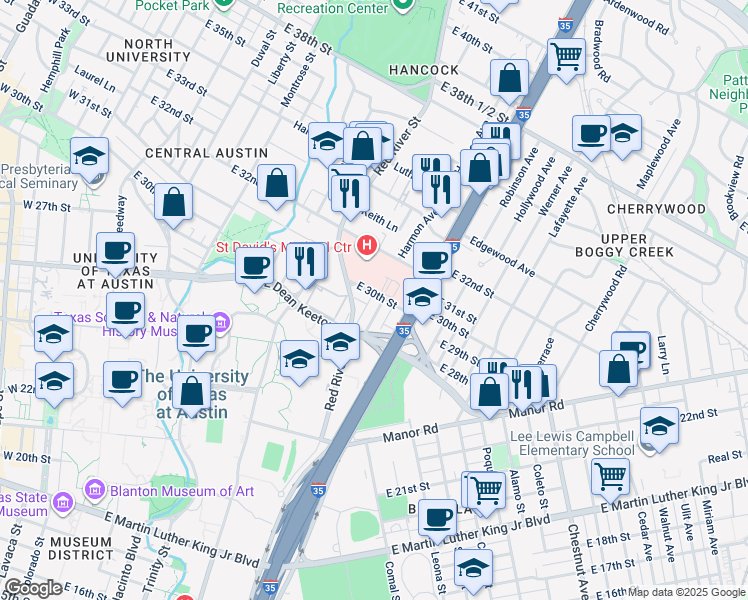 map of restaurants, bars, coffee shops, grocery stores, and more near 2908 Cole Street in Austin