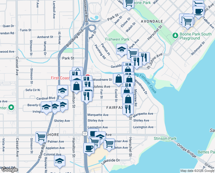map of restaurants, bars, coffee shops, grocery stores, and more near 4336 Saint Johns Avenue in Jacksonville