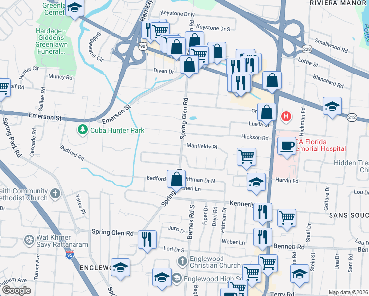 map of restaurants, bars, coffee shops, grocery stores, and more near 5345 Robert Scott Drive North in Jacksonville