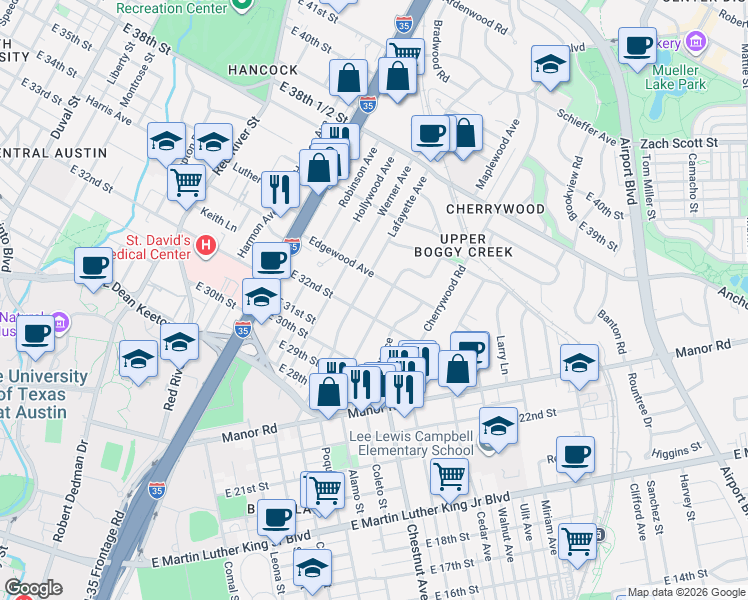 map of restaurants, bars, coffee shops, grocery stores, and more near 3200 French Place in Austin
