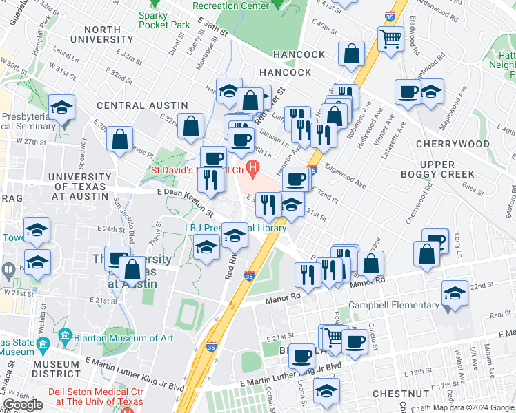 map of restaurants, bars, coffee shops, grocery stores, and more near 2908 Cole Street in Austin