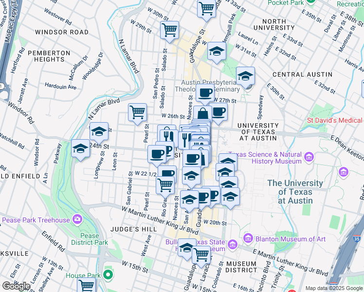 map of restaurants, bars, coffee shops, grocery stores, and more near 2400 Nueces Street in Austin