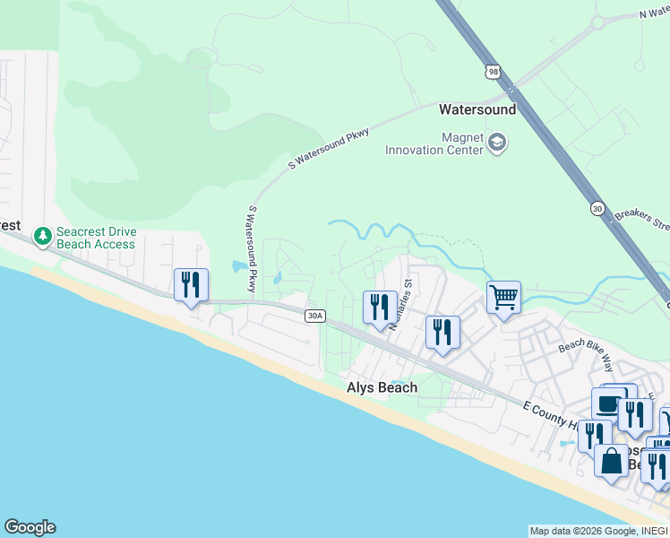 map of restaurants, bars, coffee shops, grocery stores, and more near in Seacrest