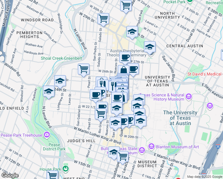 map of restaurants, bars, coffee shops, grocery stores, and more near 2400 Nueces Street in Austin